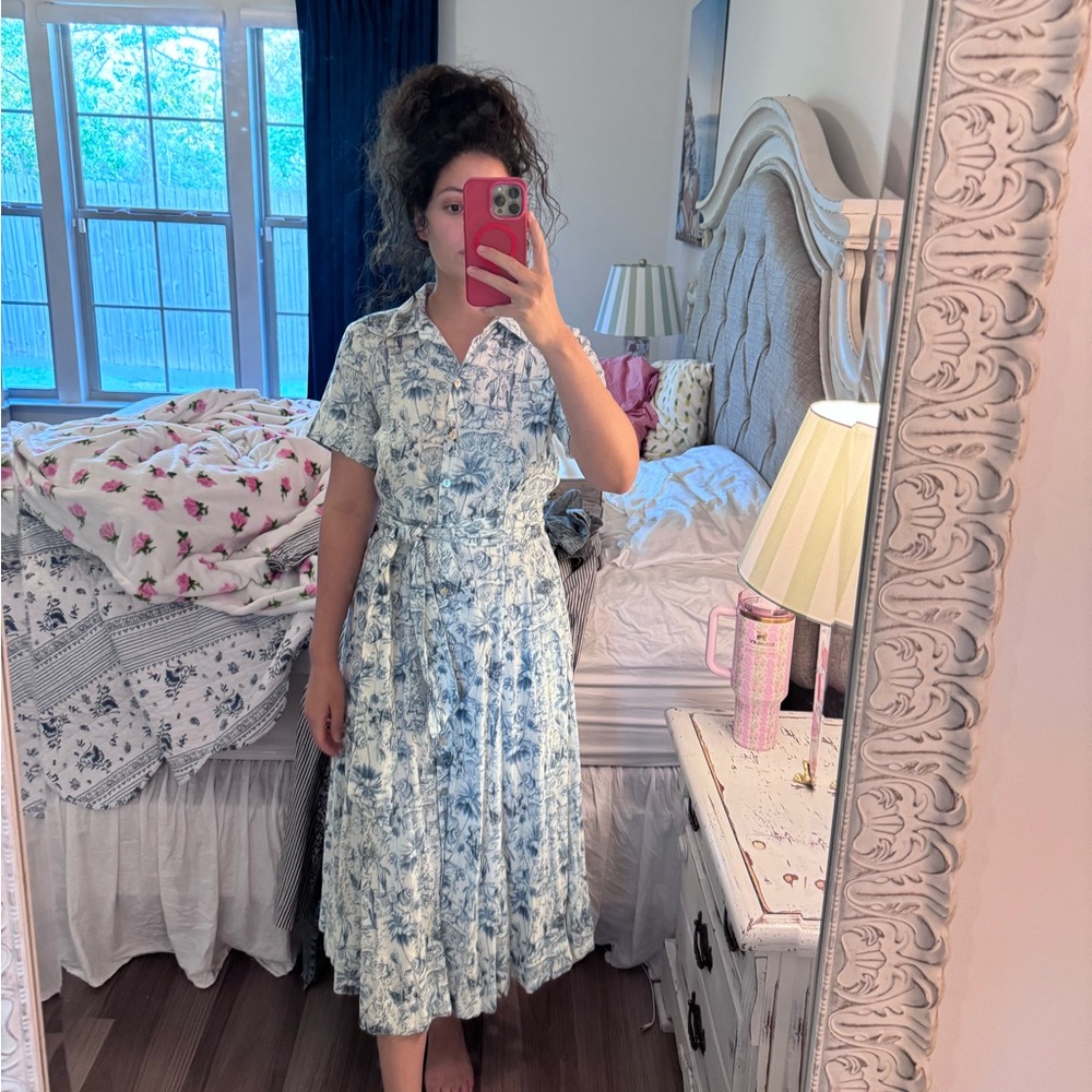 Rachel Zoe Light Blue and White Toile Midi Shirt Dress